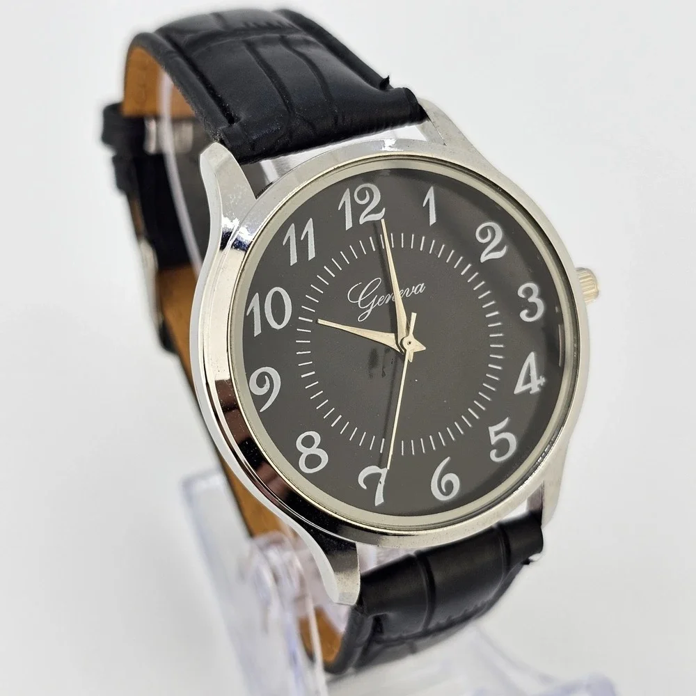 Men Easy Read Watch Analog 40MM Black Dial Black‎ Faux Leather Bands New Battery